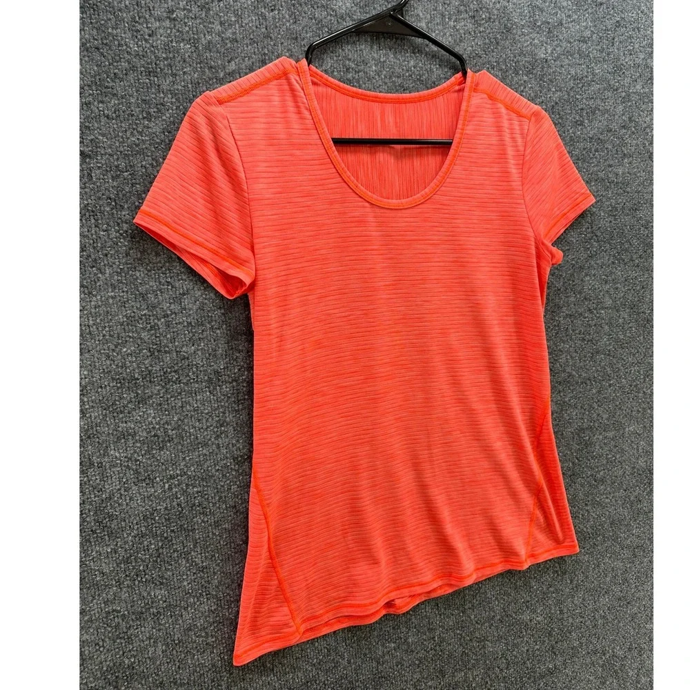 Athleta Womens Neon Coral Orange Ribbed Asymmetrical Hem Short Sleeve Tee Top, S - Picture 3 of 9